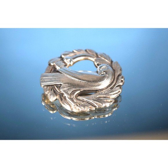 Vintage Heavy Sterling Silver Mid-Century Modern Bird & Wreath Pin 15g